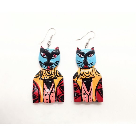 Handpainted Wooden Tuxedo Cat Dangle Earrings Whimsical Dapper Colorful - Picture 1 of 3